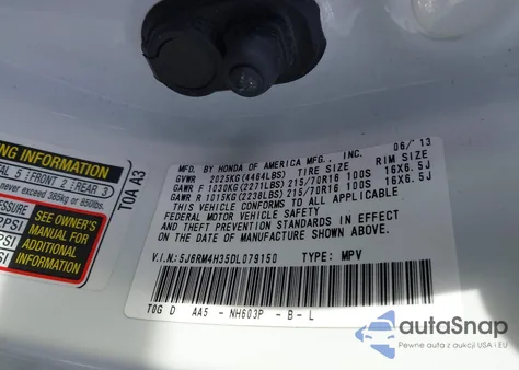 2013 Honda Cr-V Lx from USA, damaged, VIN 5J6RM4H35DL079150